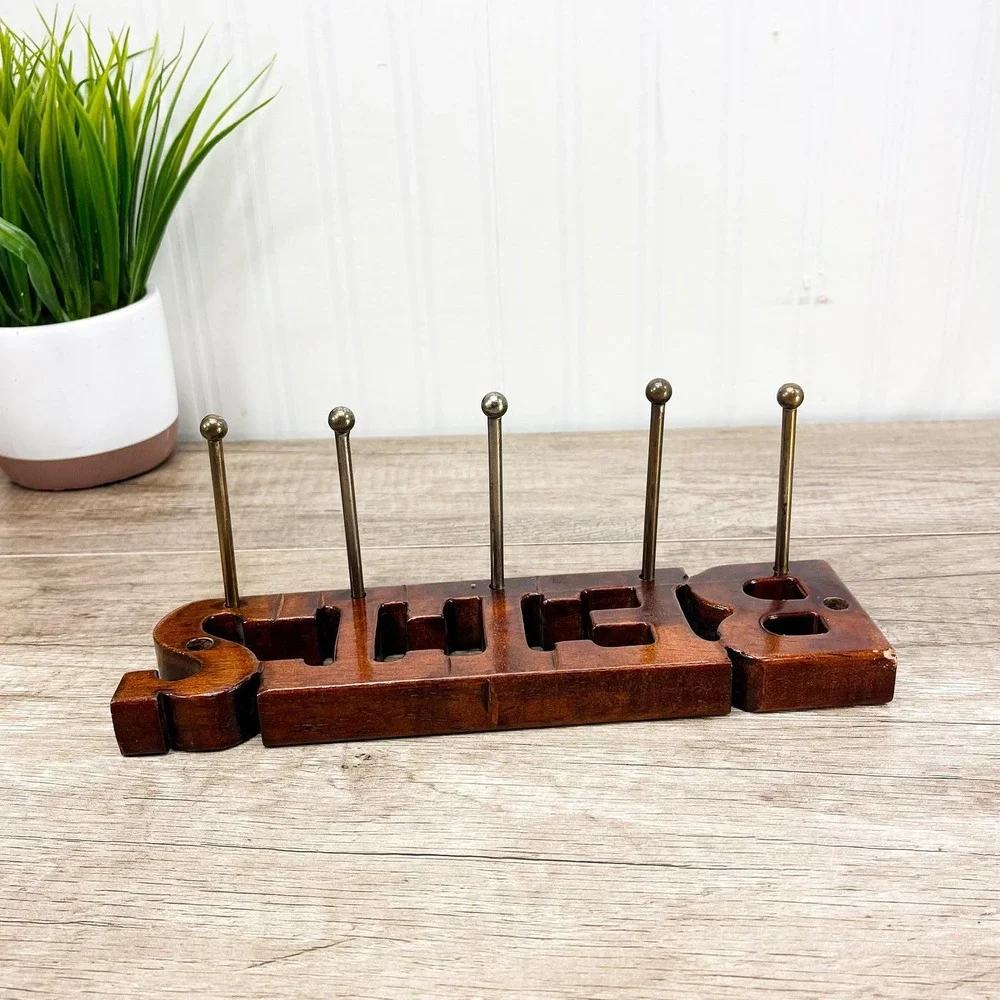 Vintage Wooden Belt Rack: 5 Brass Pegs